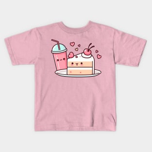 Kawaii Strawberry Cake and Drink with Hearts | Cute Kawaii Food Art for Kawaii lovers Kids T-Shirt